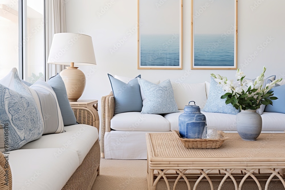 Blue Coastal Oasis: Modern Living Rooms with Rattan Table and Blue Cushions Blue Coastal Oasis: Modern Living Rooms with Rattan Table and Blue Cushions