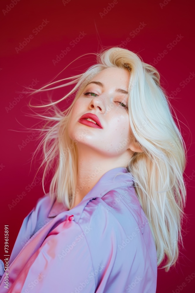 Woman With Blonde Hair Wearing Purple Shirt. Generative AI Woman With Blonde Hair Wearing Purple Shirt. Generative AI