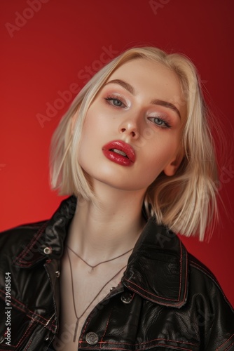 Blonde Woman Wearing Black Leather Jacket. Generative AI