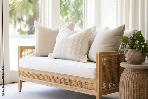 Rattan and Wood Combo - Coastal Touch Beige Sofa Fabric Lounge Chair Decor