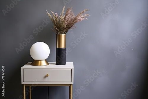 Contemporary Minimalist Brass Legged Side Table Decor: Muted Colors & Modern Lighting Aesthetics