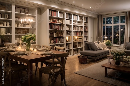 Plush Rugs and Family Dining: Cozy Open Concept Living & Dining Room Design with Bookshelves © Michael