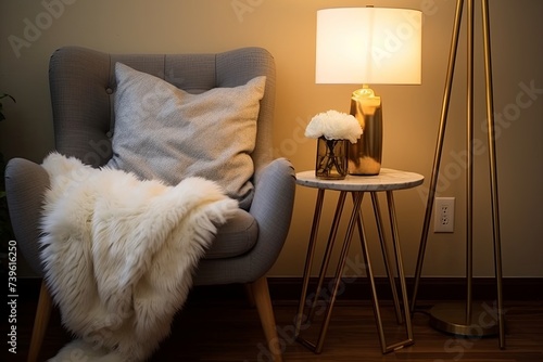 Brass Legged Side Table Decor: Cozy Corner with Fluffy Throw, Floor Lamp, and Perfect Reading Nook