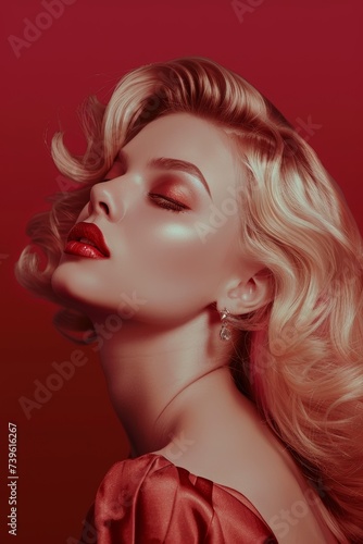 Glamour Blonde Woman With Red Lipstick. Generative AI