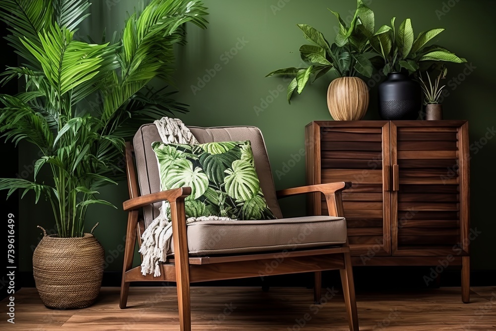 Fabric Lounge Chair Decor: Green Wall Oasis with Tropical Plants and Wooden Side Table Fabric Lounge Chair Decor: Green Wall Oasis with Tropical Plants and Wooden Side Table