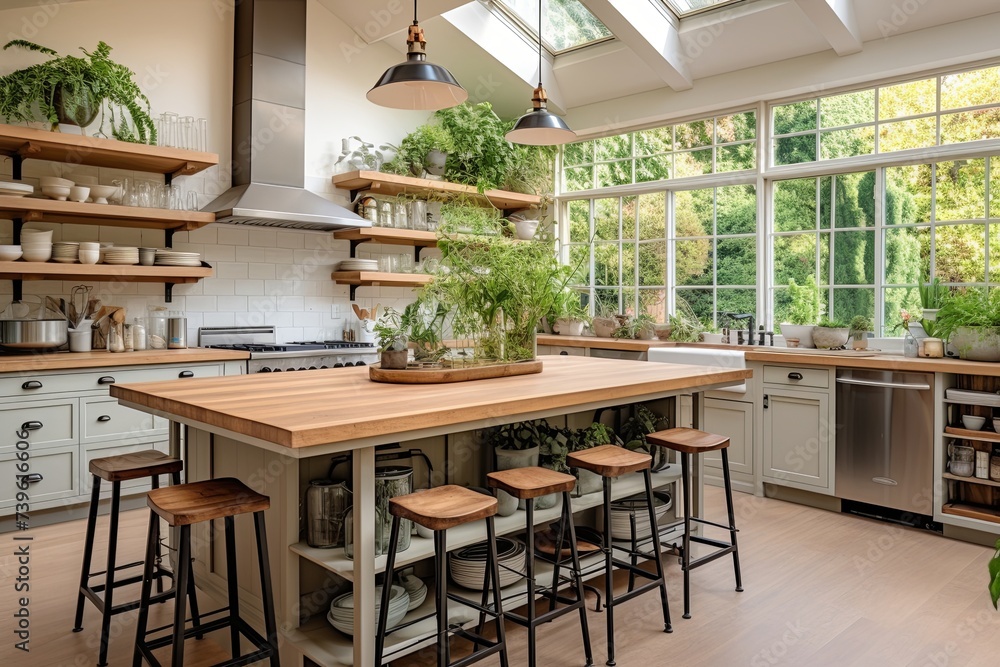 Obraz premium Farmhouse Style Kitchen Interiors: Vintage Bar Stools, Big Island Table, Greenery & Open Shelving Marvel