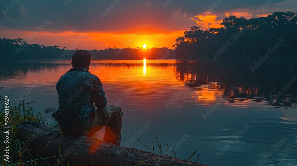 Man Siting on Log watching Sunrise, Rainforest River Landscape, Beautiful View of Nature at Sunset Sunrise, Natural Beauty, Tropical Waterway