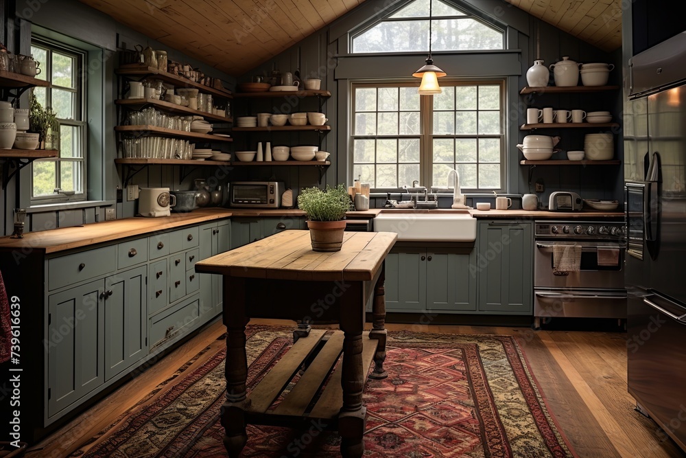 Farmhouse Style Kitchen Interiors: Butcher Block Countertop, Antique Scales & Cozy Rug Design