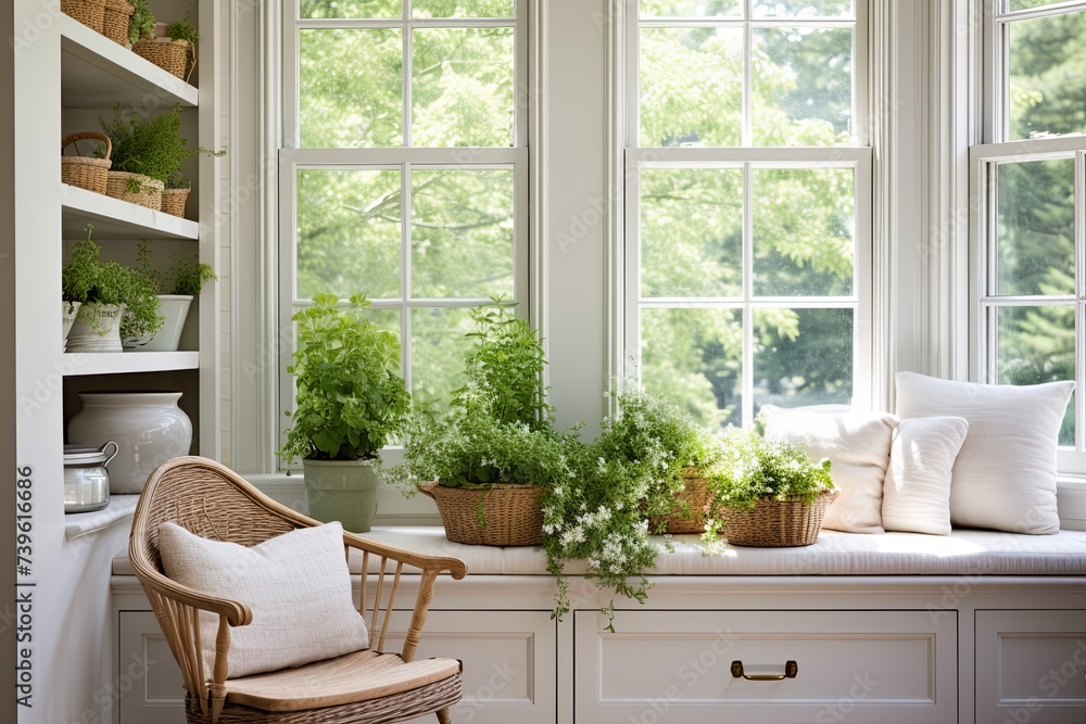 Fototapeta premium Sunlit Farmhouse Kitchen: Bay Windows, Fresh Herbs, and Wicker Chair Charm