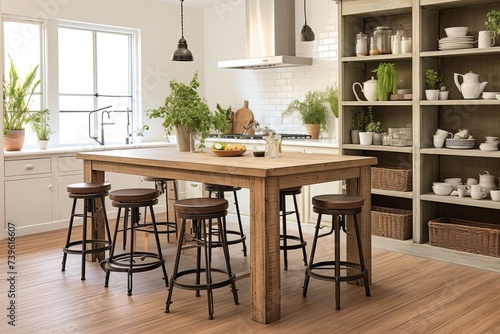 Farmhouse Style Kitchen  Vintage Bar Stools  Big Island Table  Open Shelving Delight