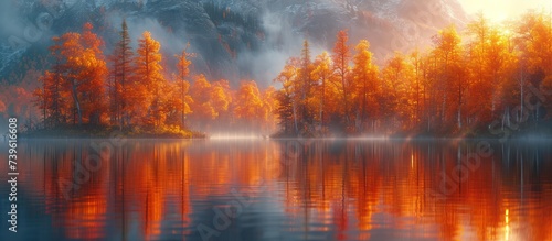 Fantastic panorama of lake at beautiful autumn sunset in mountains