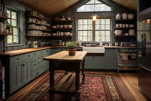 Farmhouse Style Kitchen Interiors: Butcher Block Countertop, Antique Scales & Cozy Rug Design © Michael