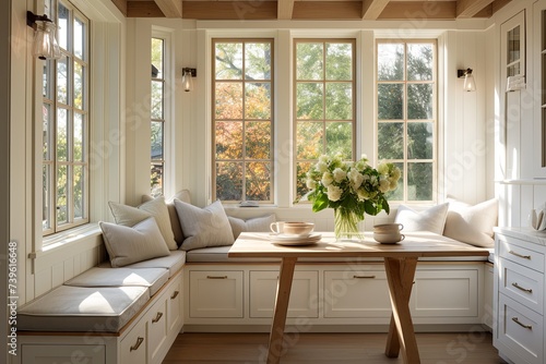 Farmhouse Style Kitchen Interiors  Cozy Breakfast Nook with Cushioned Benches and Natural Sunlight