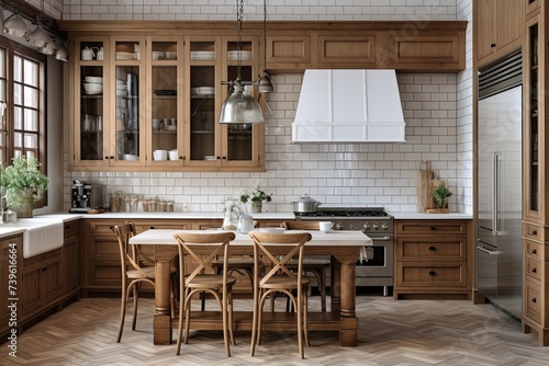 Rustic Wooden Cabinets & Classic Pendant Lights: Farmhouse Style Kitchen with White Subway Tiles