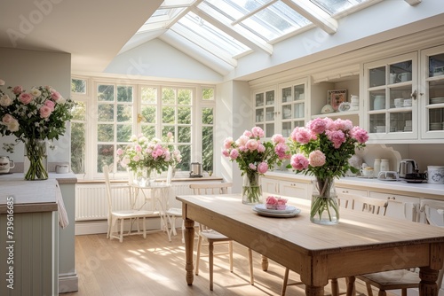 Skylight Brightness: Farmhouse Kitchen Family Dining with Fresh Flowers © Michael