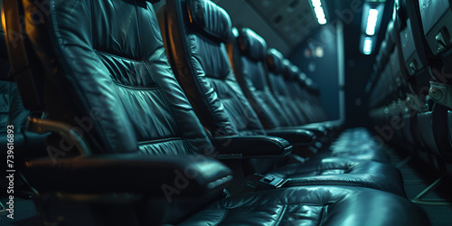 Airplane cabin seats Close-up of a row of leather seats in an airplane cabin. Business trip concept.