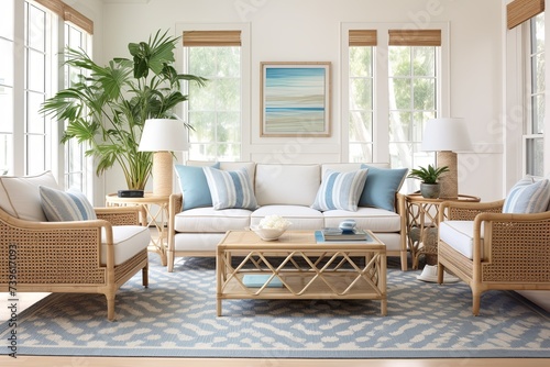 Coastal Bliss  Geometric Rug Patterns with Rattan Furniture and Blue Accents in Modern Living Spaces