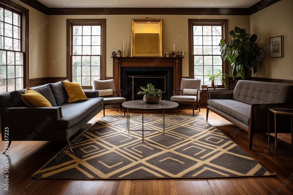 Vintage Brass Fixtures and Geometric Rug Patterns: Elevated Living Spaces with Wooden Flooring