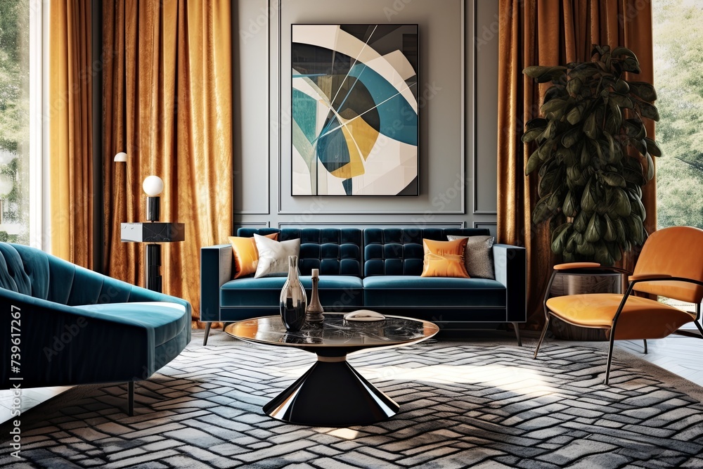 Glam Home: Sunlit Corners with Geometric Rug Patterns and Velvet Sofa Bliss