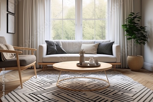 Geometric Nordic Rug Patterns: Light-Curtained Living Space with Round Coffee Table