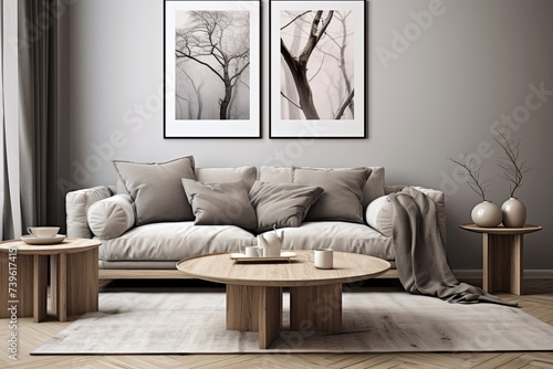 Grey Wall Art Poster Ideas: Minimalist Living Room with Scandinavian Furniture & Wooden Coffee Table photo