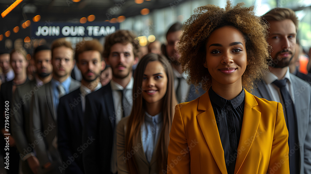 Job fair - executives recruiting new employees - professional dress - stylish presentation - banner in background - Join our team Job fair - executives recruiting new employees - professional dress - stylish presentation - banner in background - Join our team