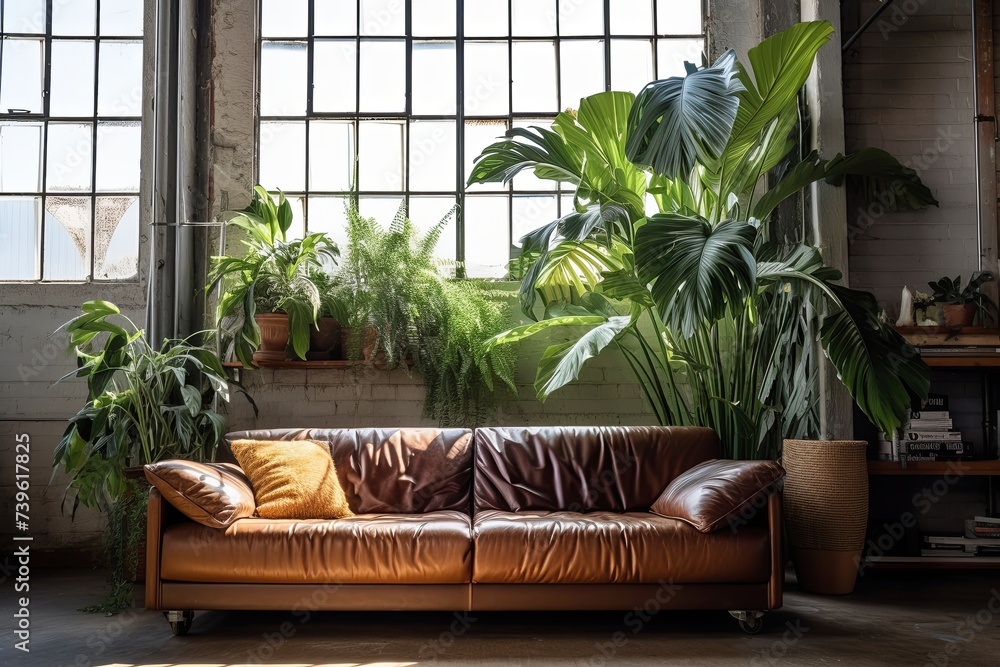 Fototapeta premium Sunlit Leather Couch in Industrial Loft with Oversized Green Plants