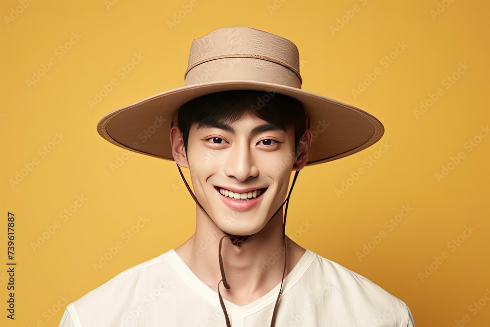 Korean men pose happy realistic photo hd . one color background, copy space - generative ai Korean men pose happy realistic photo hd . one color background, copy space - generative ai