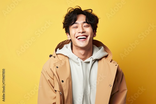 Korean men pose happy realistic photo hd . one color background, copy space - generative ai © Nia™