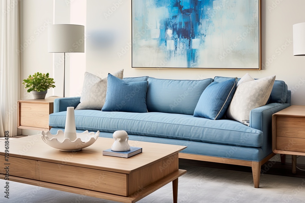 Fototapeta premium Mid-century Modern Living Rooms: Blue Accents Featuring Blue Bench and Wooden Table