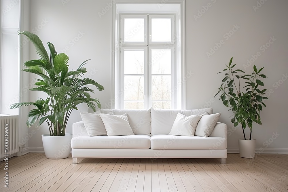 Scandinavian Elegance: White Sofa in Minimalist Living Space with Wooden Floors and Indoor Plants Scandinavian Elegance: White Sofa in Minimalist Living Space with Wooden Floors and Indoor Plants