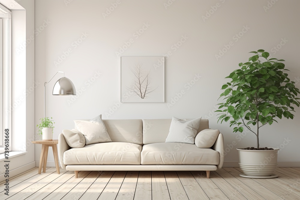 Minimalist White Sofa: Scandinavian Vibe in Elegant Living Spaces with Indoor Plants and Wooden Floors Minimalist White Sofa: Scandinavian Vibe in Elegant Living Spaces with Indoor Plants and Wooden Floors
