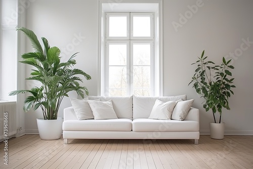 Scandinavian Elegance: White Sofa in Minimalist Living Space with Wooden Floors and Indoor Plants