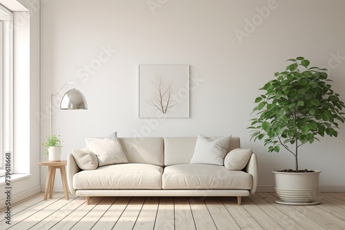 Minimalist White Sofa: Scandinavian Vibe in Elegant Living Spaces with Indoor Plants and Wooden Floors