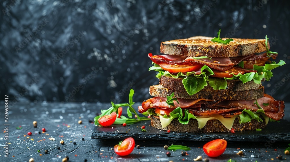 Sandwich Tasty sandwich with ham or bacon cheese tomatoes lettuce and grain bread Delicious club sandwich or school lunch breakfast or snack. with copy space image. Place for adding text or design Sandwich Tasty sandwich with ham or bacon cheese tomatoes lettuce and grain bread Delicious club sandwich or school lunch breakfast or snack. with copy space image. Place for adding text or design