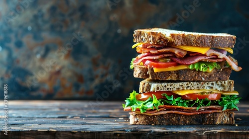 Sandwich Tasty sandwich with ham or bacon cheese tomatoes lettuce and grain bread Delicious club sandwich or school lunch breakfast or snack. with copy space image. Place for adding text or design photo