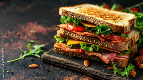 Sandwich Tasty sandwich with ham or bacon cheese tomatoes lettuce and grain bread Delicious club sandwich or school lunch breakfast or snack. with copy space image. Place for adding text or design photo