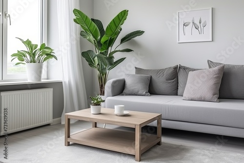 Modern Square Coffee Table Inspirations: Minimalist Design with Grey Sofa and Indoor Plant