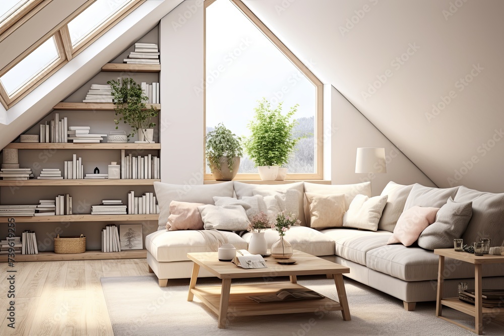 Fototapeta premium Maximizing Natural Light: Scandinavian Living Room with White Sofa and Wooden Coffee Table