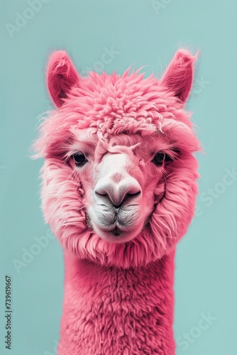 Pink alpaca on a blue background. Alpaca portrait. Natural wool, fashionable hairstyle.