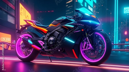 motorcycle on neon background. Cyberpunk landscape. Generative AI. © D9