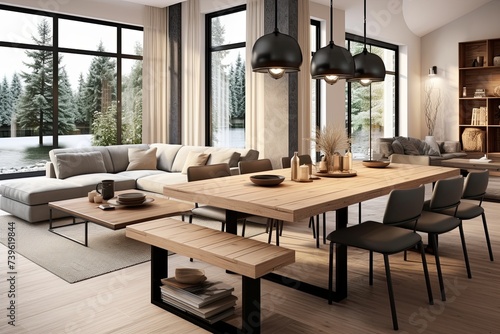 Square Coffee Table Chic: Open Concept Dining Room View with Pendant Lights