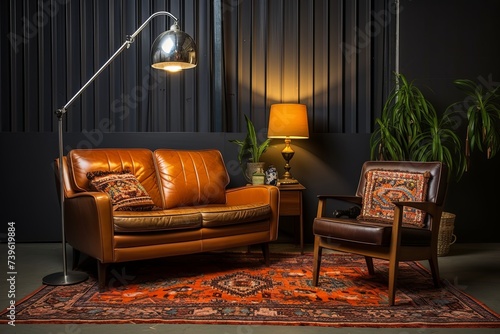 Retro Elements: Leather Couch, Vintage Lamps, Industrial Mid-Century Charm