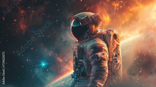 Astronaut explores space being desert planet. Astronaut space suit performing extra cosmic activity space against stars and planets background © Mark Pollini