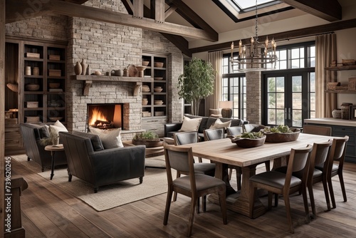 Rustic Living & Dining Room Designs: Brick Fireplace, Farmhouse Table, Leather Armchairs