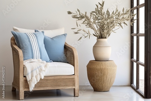 Coastal Serenity  Rustic Minimalist Interiors with Rattan Chair and Blue Accents in Lounge Setting