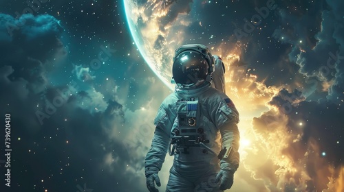 Astronaut explores space being desert planet. Astronaut space suit performing extra cosmic activity space against stars and planets background