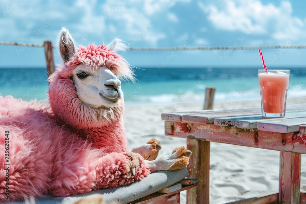 Fototapeta premium Pink alpaca on a blue background. Portrait of an alpaca on the beach. Summer vibe, cocktail on a wooden table. Natural wool, fashionable hairstyle. Seaside holiday concept.