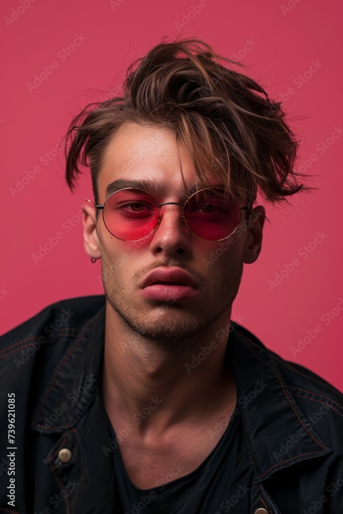 Obraz premium Stylish Man Wearing Red Sunglasses. Generative AI