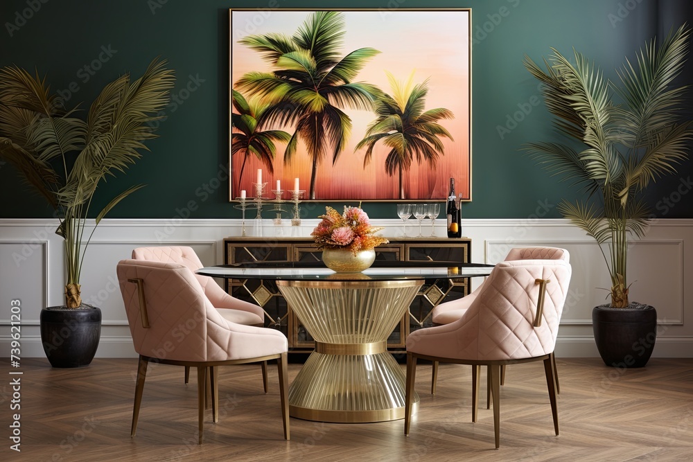 Dining Room Brilliance: Tropical Plant Decor with Art Deco Influence, Gleaming Gold Accents, and Lush Palm Leaves Dining Room Brilliance: Tropical Plant Decor with Art Deco Influence, Gleaming Gold Accents, and Lush Palm Leaves